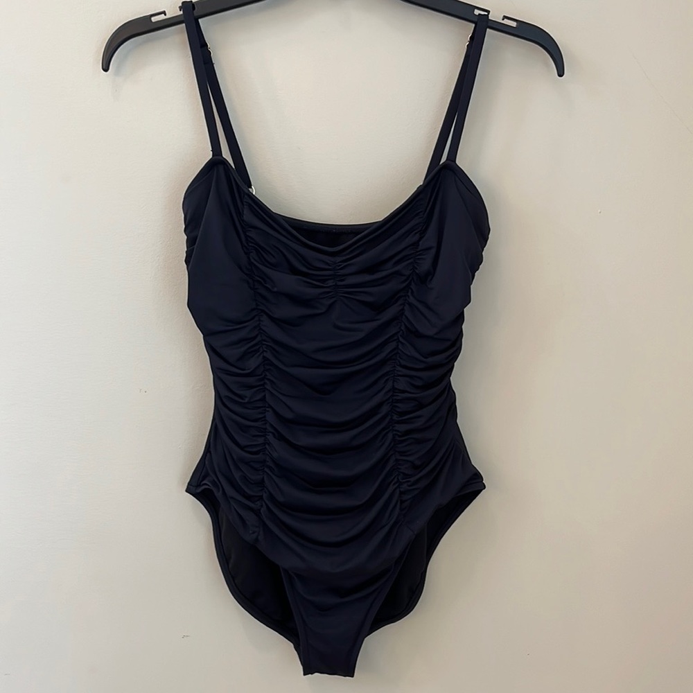 Allen B swimsuit women’s black size 12 one piece front ruching adjustable straps